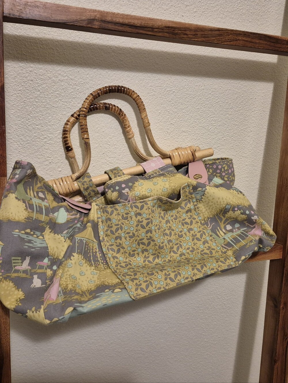 Handmade Handcrafted Bamboo Handles Tilda "Sunday Brunch" Fabric Tote Bag